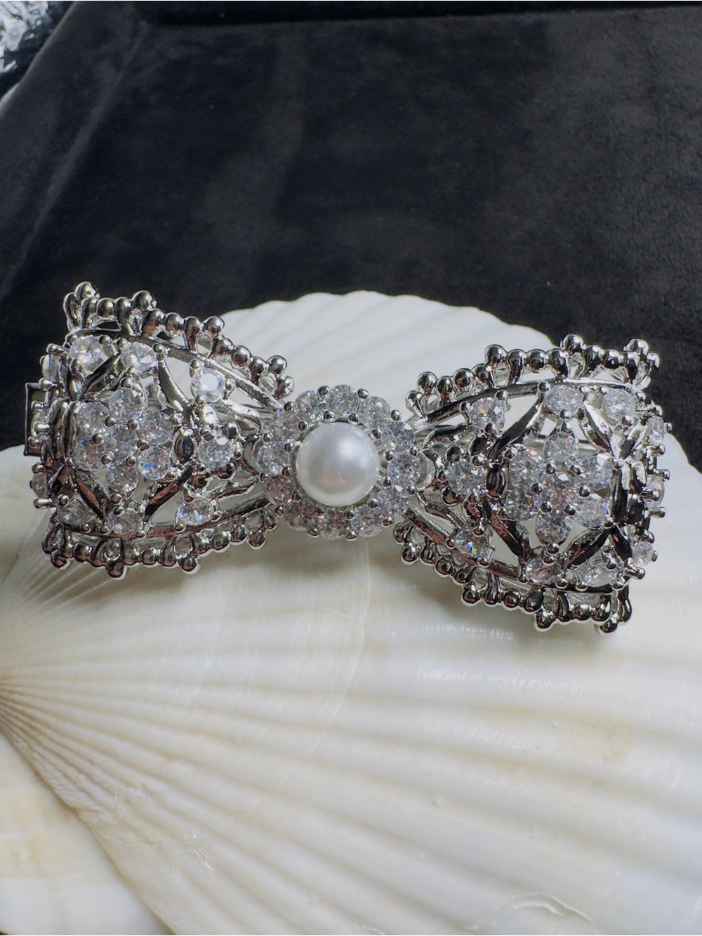Silver Pearl and Crystal Bow Hair Clip - Women's Jewelry